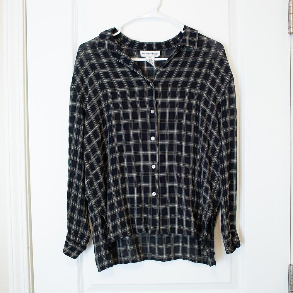 Windowpane Plaid Black Blouse VTG 14 Button Front Long Sleeve Rena Rowan